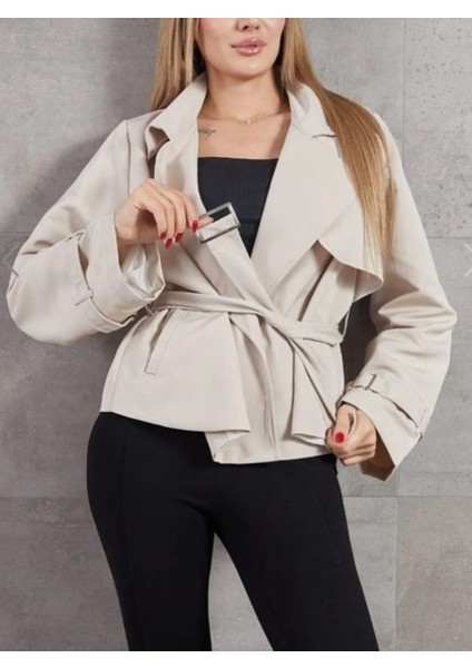 Kruvaze Yaka Tokalı Kısa Bej Trençkot fiyatları