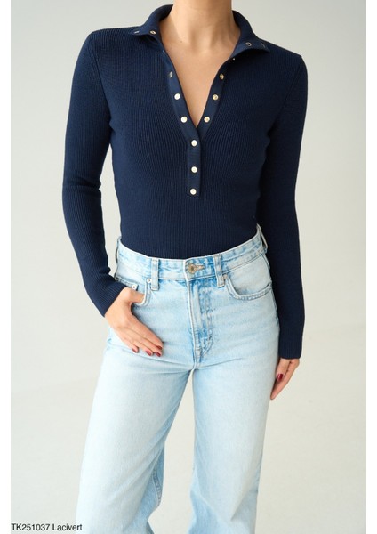 Kadın Yarım Pat Düğmeli Basıc Günlük Triko Kazak fiyatları