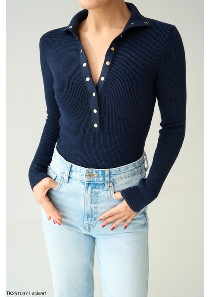 Kadın Yarım Pat Düğmeli Basıc Günlük Triko Kazak modelleri