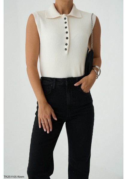 Kadın Erkek Yaka Kolsuz Yarım Düğmeli Kazak