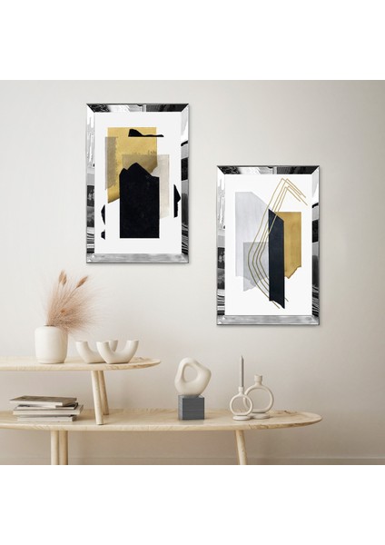 Gümüş Aynalı Pleksi Çerçeveli Beyaz Arka Planlı Renkli Desener Ikili Mdf Tablo Seti fiyatları