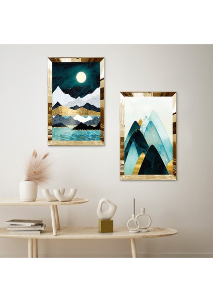 Gold Aynalı Pleksi Çerçeveli Gece Dağ Manzaralı Dekoratif Ikili Mdf Tablo Seti fiyatları