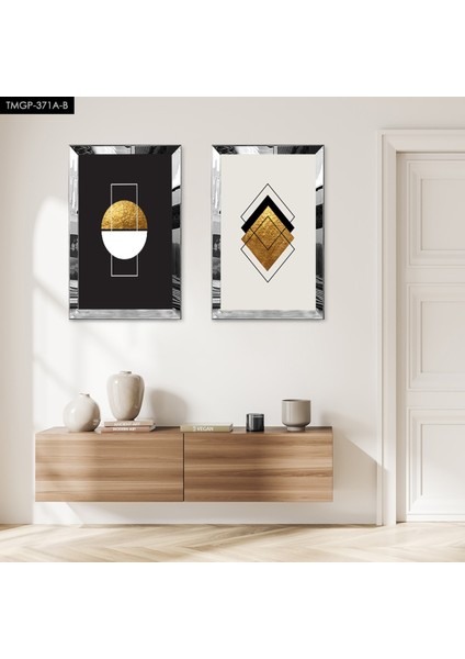 Gümüş Aynalı Pleksi Çerçeveli Siyah Arka Planlı Modern Soyut Şekiller Ikili Mdf Tablo Seti
