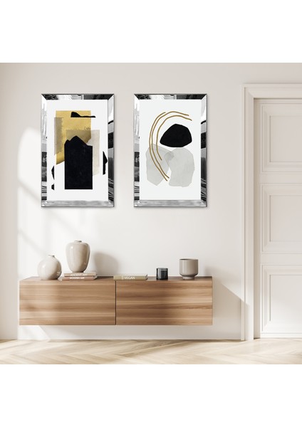 Gümüş Aynalı Pleksi Çerçeveli Beyaz Arka Planlı Renkli Soyut Desener Ikili Mdf Tablo Seti