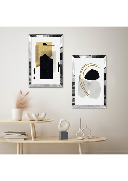 Gümüş Aynalı Pleksi Çerçeveli Beyaz Arka Planlı Renkli Soyut Desener Ikili Mdf Tablo Seti fiyatları