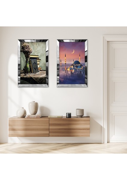 Gümüş Aynalı Pleksi Çerçeveli Kuran-I Kerim ve Cami Dini Dekoratif Ikili Mdf Tablo Seti
