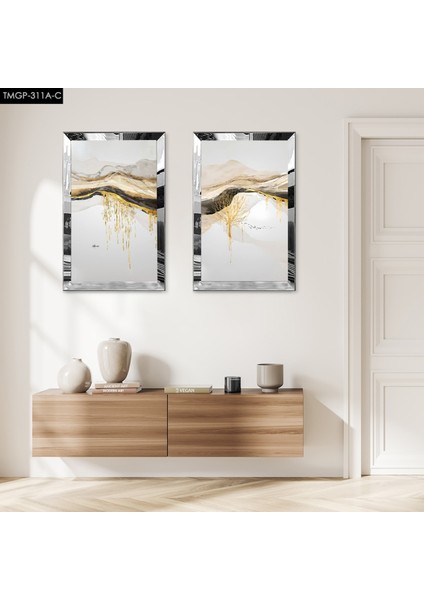 Gümüş Aynalı Pleksi Çerçeveli Beyaz Soyut Dağ Manzaralı Dekoratif Ikili Mdf Tablo Seti