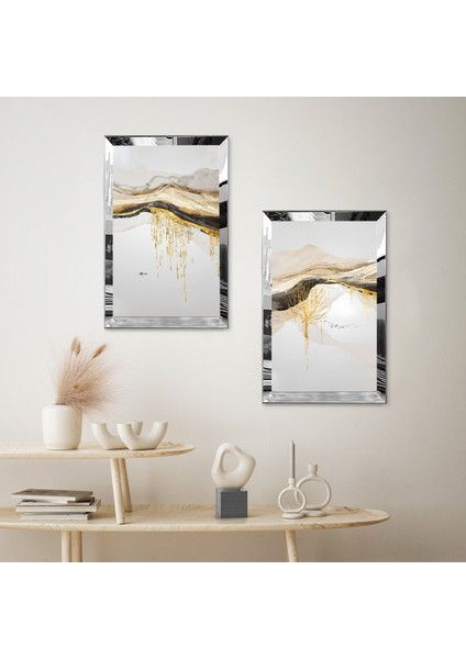 Gümüş Aynalı Pleksi Çerçeveli Beyaz Soyut Dağ Manzaralı Dekoratif Ikili Mdf Tablo Seti fiyatları