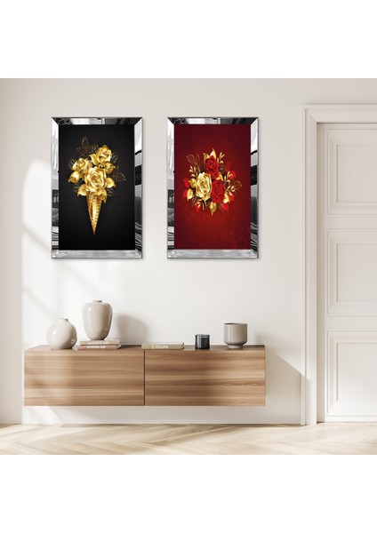 Gümüş Aynalı Pleksi Çerçeveli Altın Kırmızı Gül Buketleri Ikili Mdf Tablo Seti