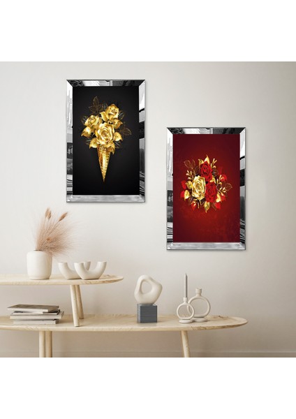 Gümüş Aynalı Pleksi Çerçeveli Altın Kırmızı Gül Buketleri Ikili Mdf Tablo Seti fiyatları