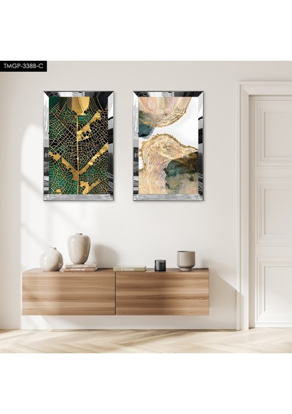 Gümüş Aynalı Pleksi Çerçeveli Beyaz Arka Planlı Yeşil Desenler Modern Ikili Mdf Tablo Seti