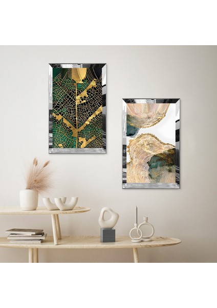 Gümüş Aynalı Pleksi Çerçeveli Beyaz Arka Planlı Yeşil Desenler Modern Ikili Mdf Tablo Seti fiyatları