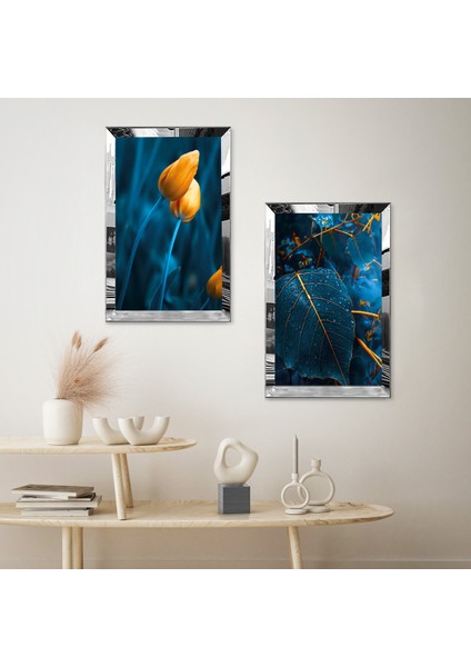 Gümüş Aynalı Pleksi Çerçeveli Mavi Arka Planlı Turuncu Çiçek Dekoratif Ikili Mdf Tablo Seti fiyatları