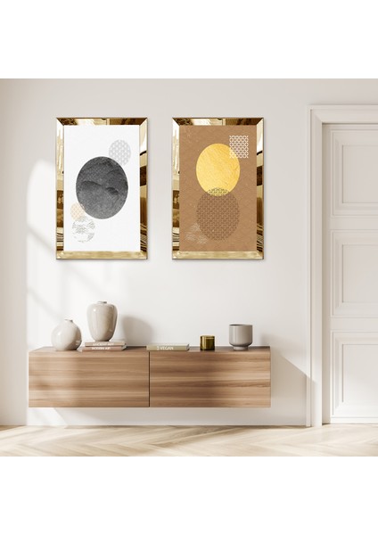 Gold Aynalı Pleksi Çerçeveli Modern Minimalist Soyut Şekiller Ikili Mdf Tablo Seti