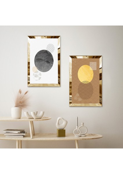 Gold Aynalı Pleksi Çerçeveli Modern Minimalist Soyut Şekiller Ikili Mdf Tablo Seti fiyatları