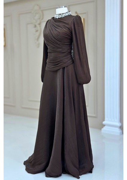 Nergis Abiye Elbise Koyu Kahve modelleri