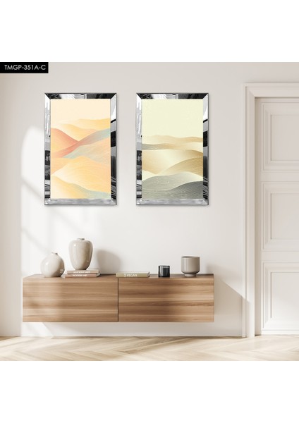 Gümüş Aynalı Pleksi Çerçeveli Modern Kum Dalgaları Ikili Mdf Tablo Seti