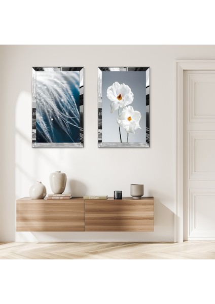 Gümüş Aynalı Pleksi Çerçeveli Dekoratif Beyaz Çiçekler Ikili Mdf Tablo Seti