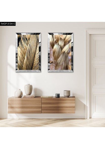 Gümüş Aynalı Pleksi Çerçeveli Gold Püskürtmeli Dekoratif Ikili Mdf Tablo Seti