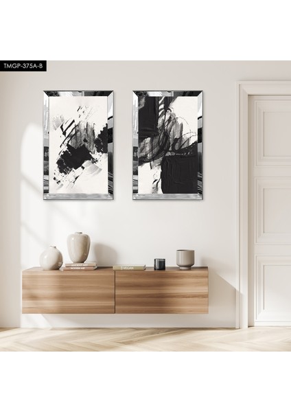 Gümüş Aynalı Pleksi Çerçeveli Beyaz Arka Planlı Modern Siyah Fırça Izleri Ikili Mdf Tablo Seti