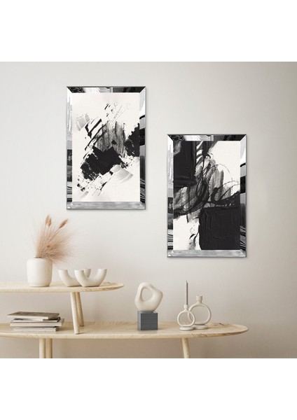 Gümüş Aynalı Pleksi Çerçeveli Beyaz Arka Planlı Modern Siyah Fırça Izleri Ikili Mdf Tablo Seti fiyatları
