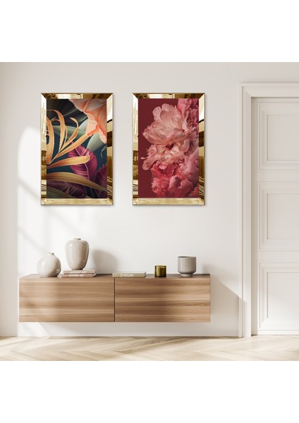 Gold Aynalı Pleksi Çerçeveli Renkli Modern Çiçekler Ikili Mdf Tablo Seti