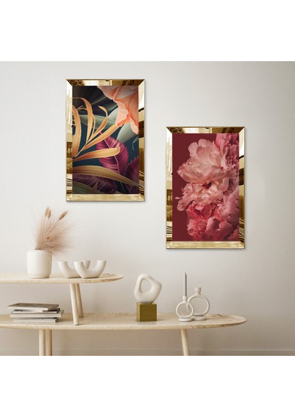 Gold Aynalı Pleksi Çerçeveli Renkli Modern Çiçekler Ikili Mdf Tablo Seti fiyatları