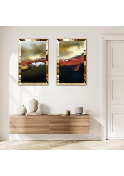 Gold Aynalı Pleksi Çerçeveli Kapalı Renk Arka Planlı Ikili Mdf Tablo Seti