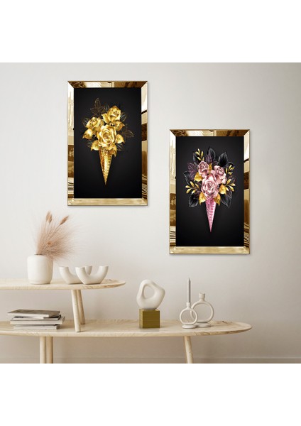 Gold Aynalı Pleksi Çerçeveli Siyah Arka Planlı Altın ve Pembe Gül Buketleri Ikili Mdf Tablo Seti fiyatları