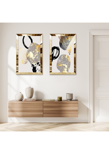 Gold Aynalı Pleksi Çerçeveli Gold ve Gri Şekiller Modern Soyut Şekiller Ikili Mdf Tablo Seti