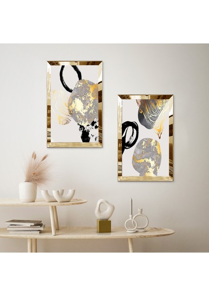 Gold Aynalı Pleksi Çerçeveli Gold ve Gri Şekiller Modern Soyut Şekiller Ikili Mdf Tablo Seti fiyatları