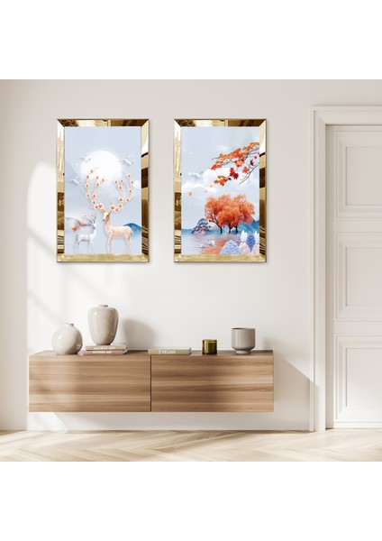 Gold Aynalı Pleksi Çerçeveli Geğik ve Turuncu Ağaçlar Ikili Mdf Tablo Seti