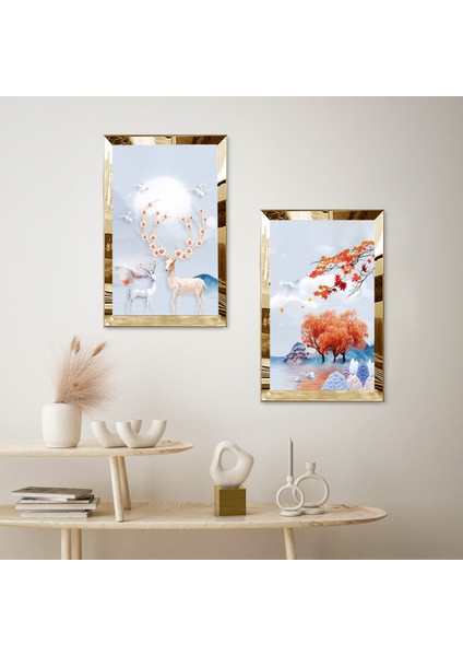 Gold Aynalı Pleksi Çerçeveli Geğik ve Turuncu Ağaçlar Ikili Mdf Tablo Seti fiyatları