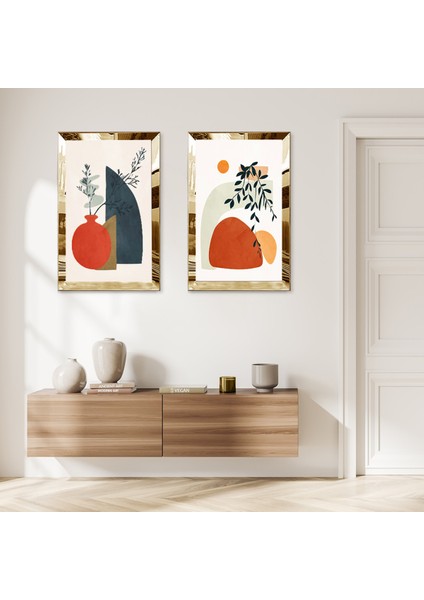 Gold Aynalı Pleksi Çerçeveli Beyaz Arka Planlı Mnimalist Çizim Modern Çiçekler Ikili Mdf Tablo Seti