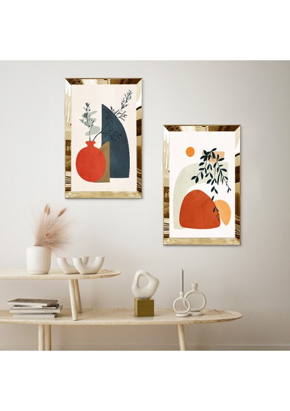 Gold Aynalı Pleksi Çerçeveli Beyaz Arka Planlı Mnimalist Çizim Modern Çiçekler Ikili Mdf Tablo Seti fiyatları