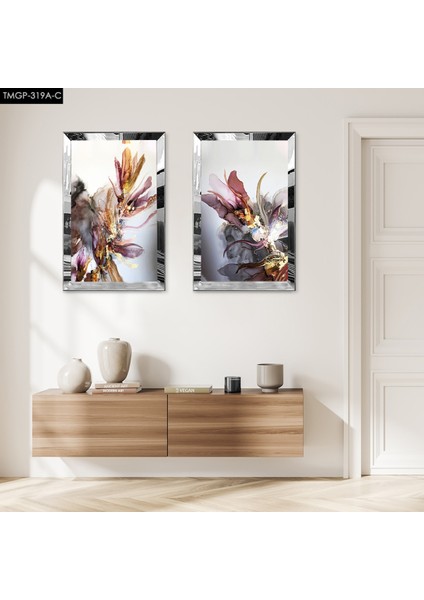 Gümüş Aynalı Pleksi Çerçeveli Renkli Modern Çiçekler Dekoratif Ikili Mdf Tablo Seti