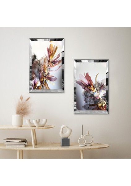 Gümüş Aynalı Pleksi Çerçeveli Renkli Modern Çiçekler Dekoratif Ikili Mdf Tablo Seti fiyatları