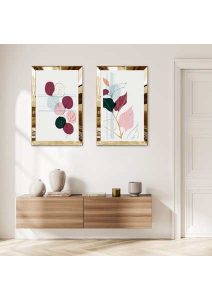 Gold Aynalı Pleksi Çerçeveli Beyaz Arka Planlı Pembe Modern Çiçekler Ikili Mdf Tablo Seti