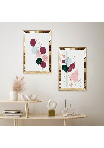 Gold Aynalı Pleksi Çerçeveli Beyaz Arka Planlı Pembe Modern Çiçekler Ikili Mdf Tablo Seti fiyatları