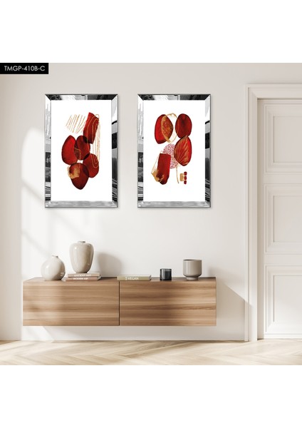 Gümüş Aynalı Pleksi Çerçeveli Beyaz Arka Planlı Modern Kırmızı Şekiller Ikili Mdf Tablo Seti