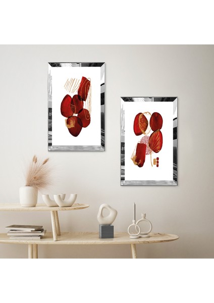 Gümüş Aynalı Pleksi Çerçeveli Beyaz Arka Planlı Modern Kırmızı Şekiller Ikili Mdf Tablo Seti fiyatları