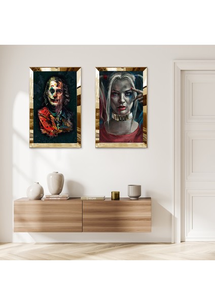 Gold Aynalı Pleksi Çerçeveli Siyah Arka Planlı Joker ve Harley Quin Ikili Mdf Tablo Seti