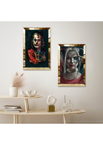 Gold Aynalı Pleksi Çerçeveli Siyah Arka Planlı Joker ve Harley Quin Ikili Mdf Tablo Seti fiyatları