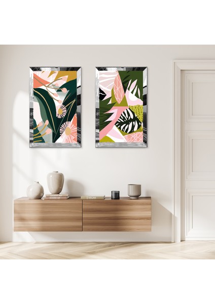 Gümüş Aynalı Pleksi Çerçeveli Beyaz Arka Planlı Renkli Soyutyeşil Çiçekler Ikili Mdf Tablo Seti