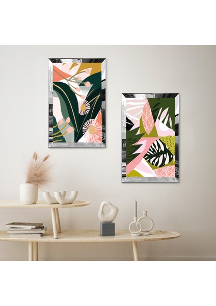 Gümüş Aynalı Pleksi Çerçeveli Beyaz Arka Planlı Renkli Soyutyeşil Çiçekler Ikili Mdf Tablo Seti fiyatları