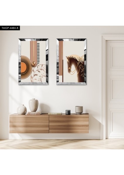 Gümüş Aynalı Pleksi Çerçeveli Soyut At Dekoratif Ikili Mdf Tablo Seti