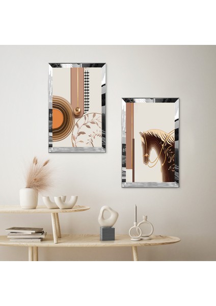 Gümüş Aynalı Pleksi Çerçeveli Soyut At Dekoratif Ikili Mdf Tablo Seti fiyatları