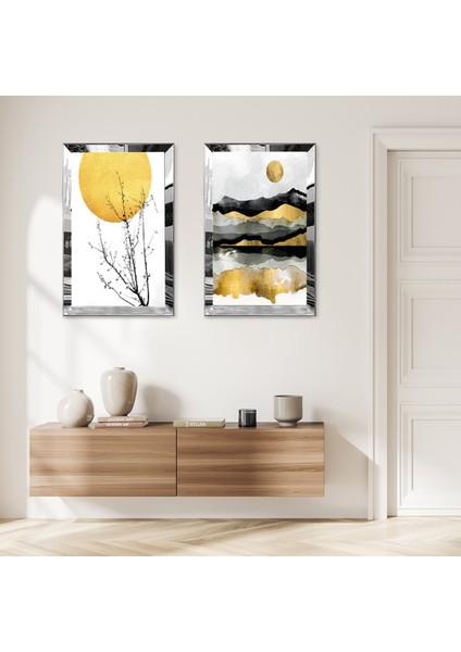 Gümüş Aynalı Pleksi Çerçeveli Kolaj Çizim Dağlar Dalı Dekoratif Ikili Mdf Tablo Seti