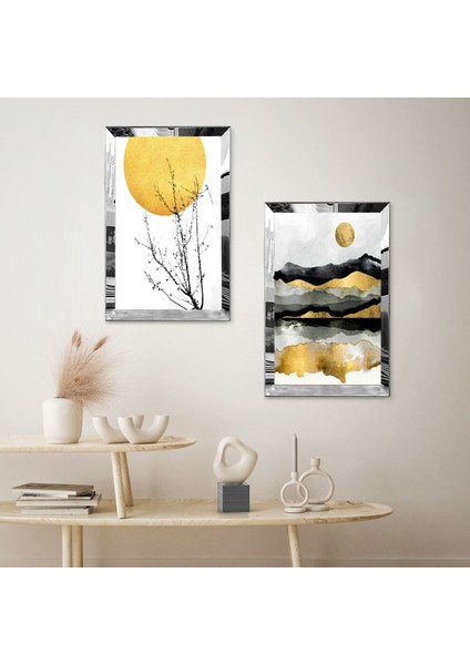 Gümüş Aynalı Pleksi Çerçeveli Kolaj Çizim Dağlar Dalı Dekoratif Ikili Mdf Tablo Seti fiyatları