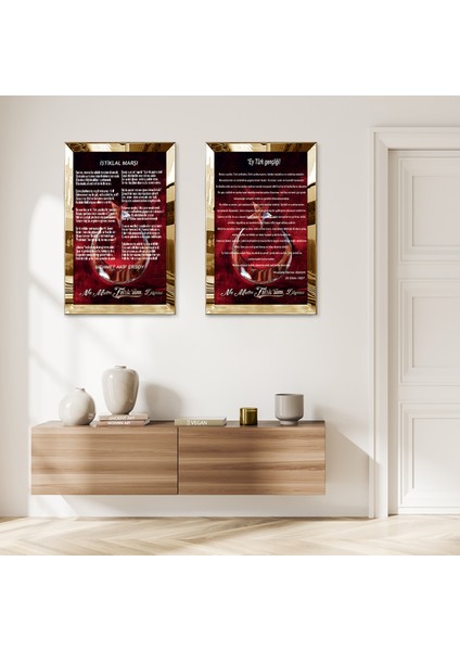 Gold Aynalı Pleksi Çerçeveli Istiklal Marşı ve Gençliğe Hitabe Dekoratif Ikili Mdf Tablo Seti